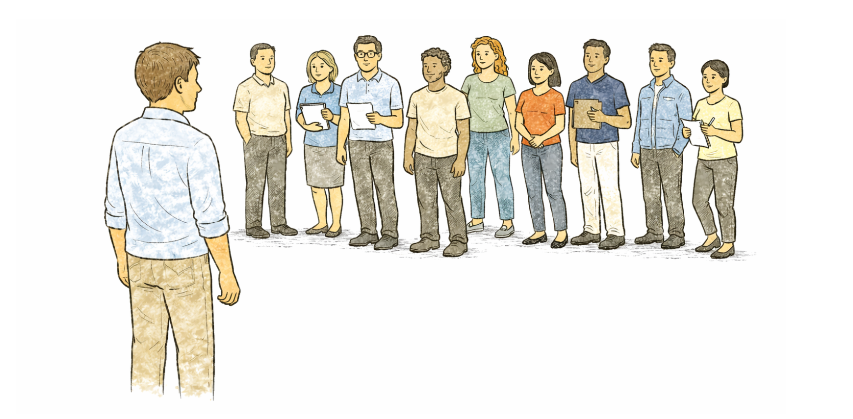 Someone facing a team of people waiting to assist in different ways